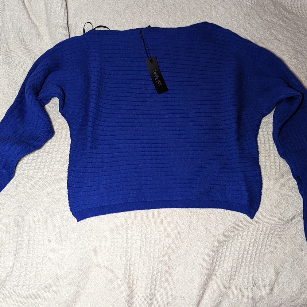 Bobi Black Off Shoulder Directional Rib Sweater Royal Blue